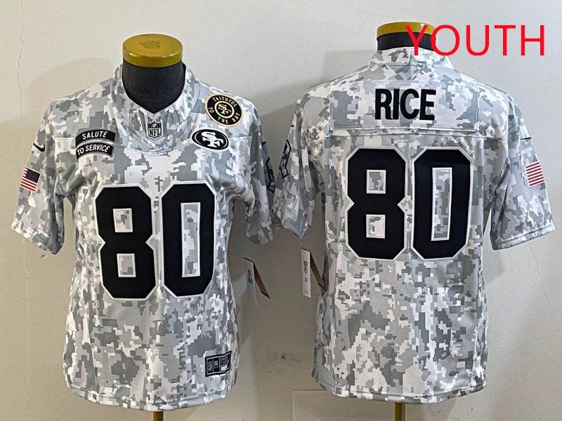 Youth San Francisco 49ers 80 Rice Nike Arctic Camo 2025 Salute to Service Limited NFL Jersey style 3